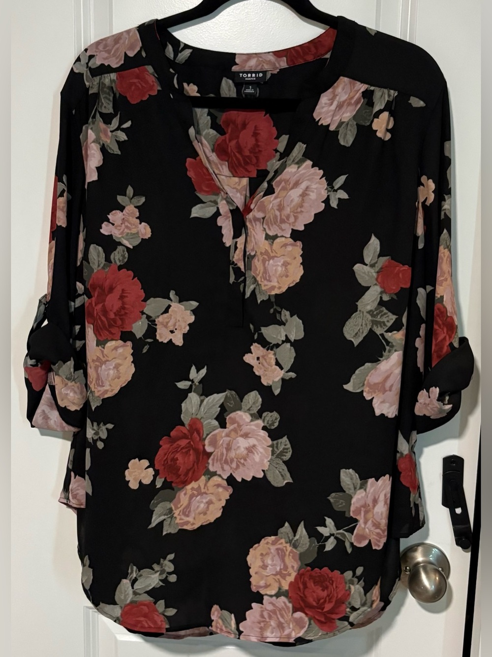 torrid Black Floral Split-Neck Blouse — Red & Blush Roses